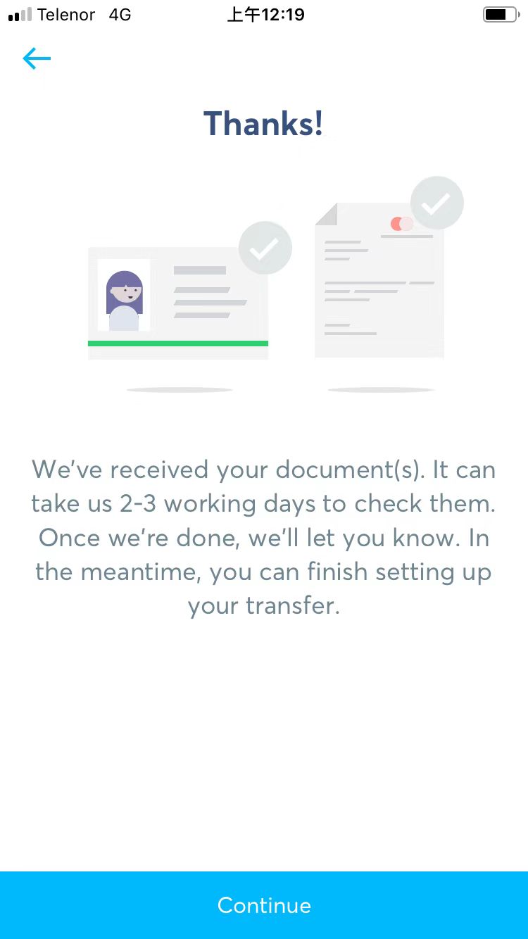 上传证件后,等待系统审查,在此同时可以继续完成转账手续。点击继续“continue”.jpg