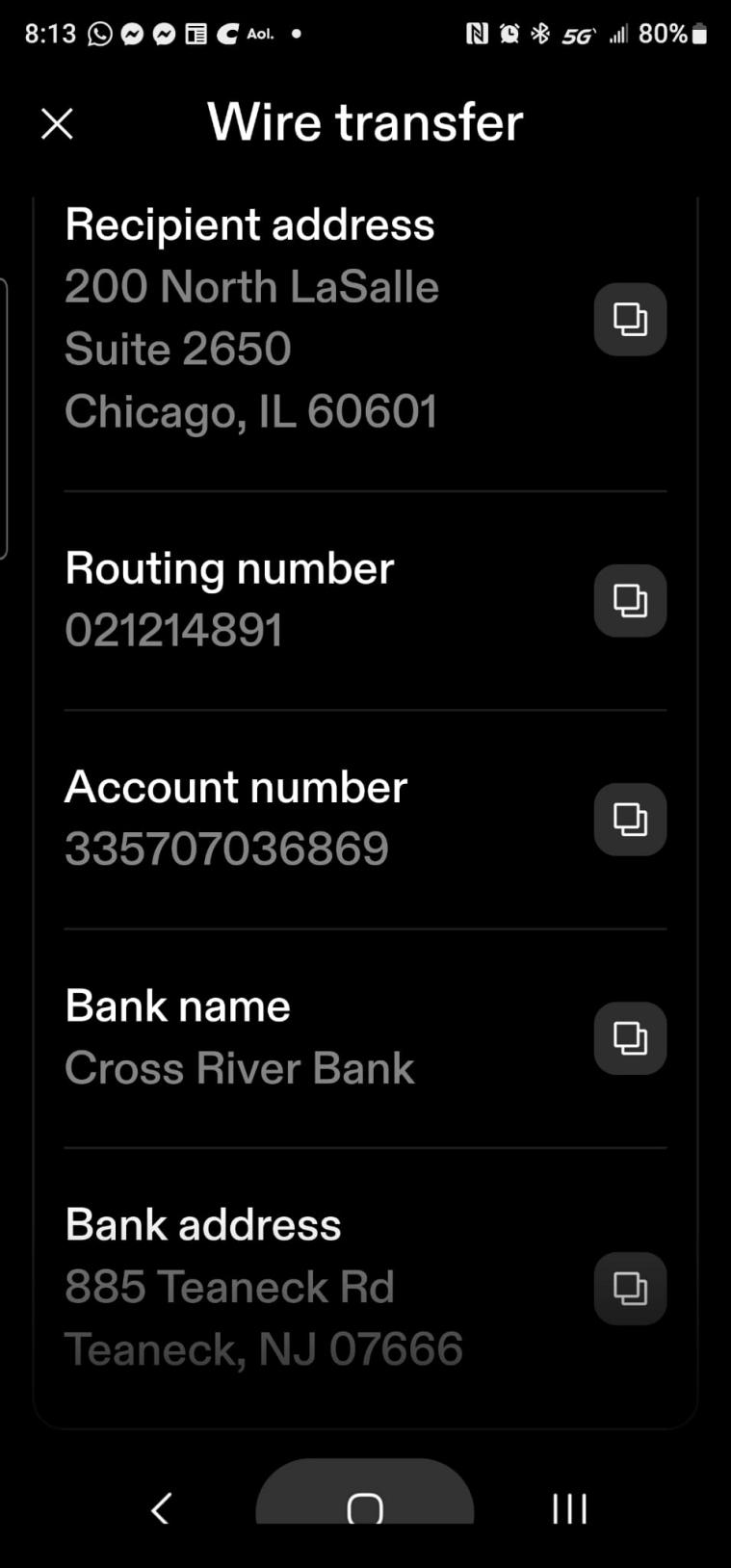这是验证通过之后获取的电汇地址! 验证完成后一样的获取流程! 点击主页右上角的小人头,到达信息页!下滑到最底下点击Wire transfer,获取电汇地址!让客户直接电汇等待到账!.jpg