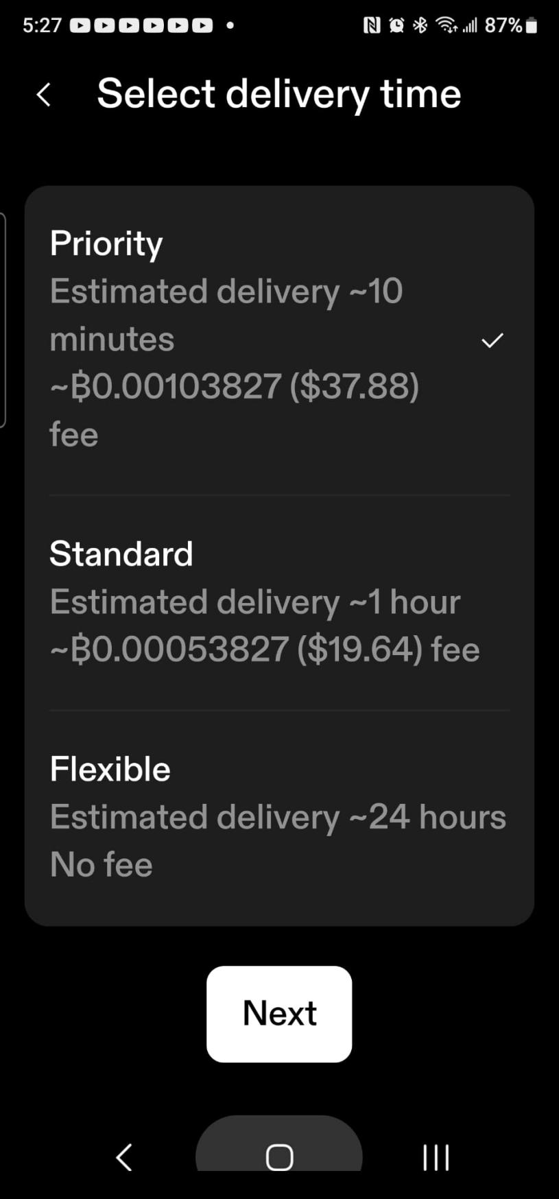 这里我们需要选择第一个网络,到账很快,手续费高些, 第二第三个网络手续低但是很慢! 选择完成后点击Next.jpg